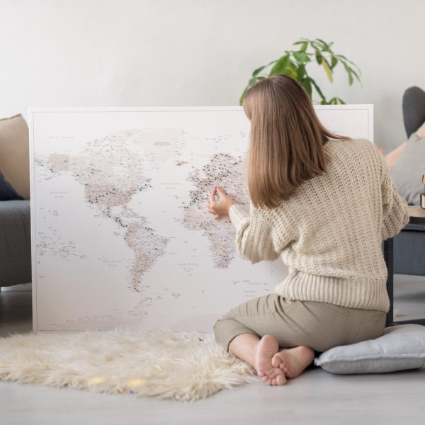 beige minimal world map pin board desert sand 24p