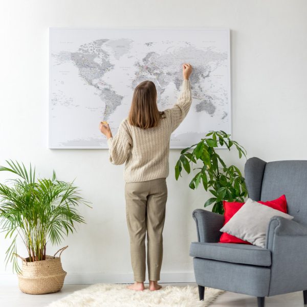 world map wall art with pins grey 13p